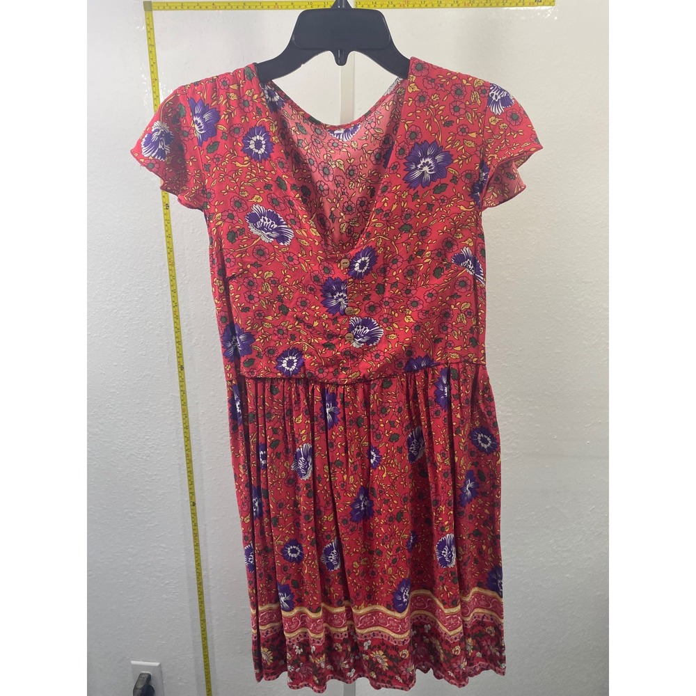 Boho Red Floral Button Front Mini Dress Short Sleeve Elastic Waist Medium